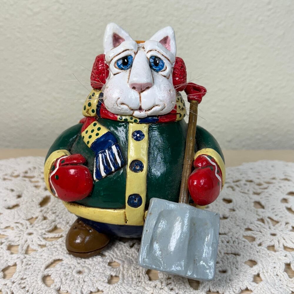 Vintage 90s Vicki Thomas Enesco Gourd Art Winter Kitty Cat Snow Shovel 1999